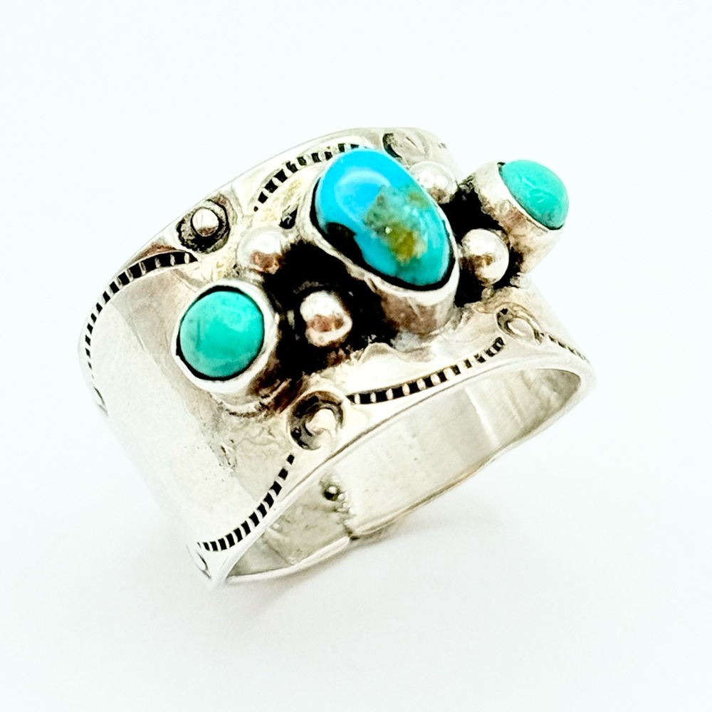 Vintage Turquoise Sterling Silver Wide Band Ring - Southwestern Stamp Cigar Band